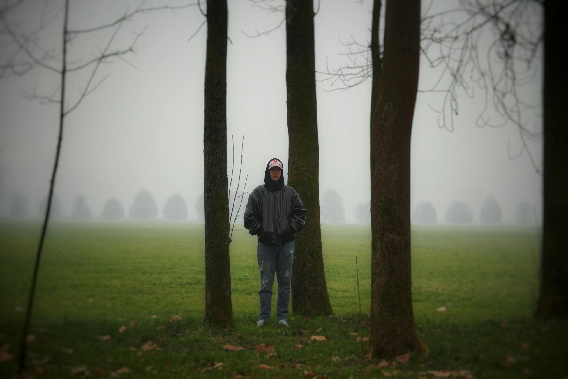 A lone figure stands between trees in a foggy park. The mist creates an atmospheric and mysterious scene.