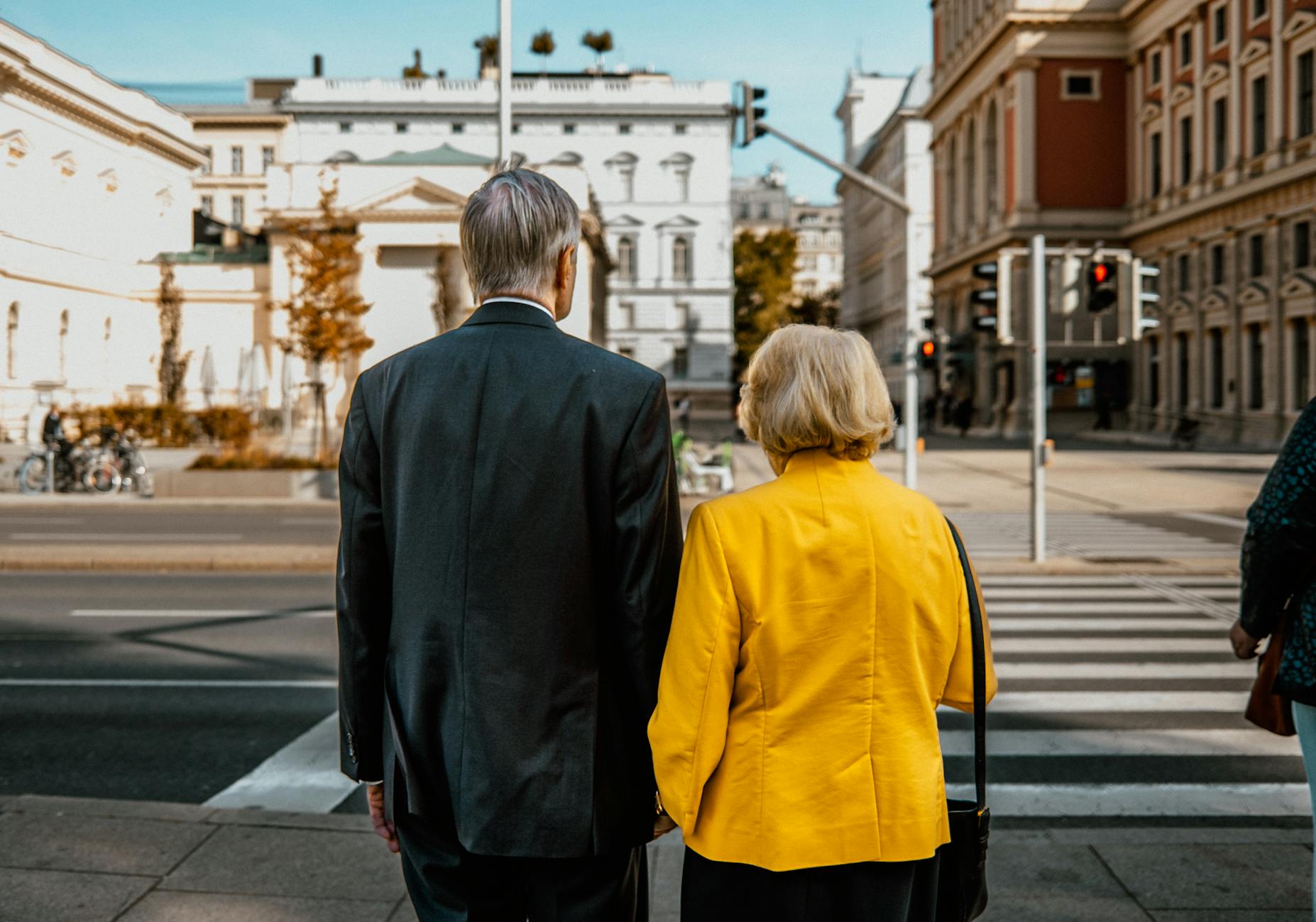 Back view of an elderly couple standing at a zebra crossing in a city.